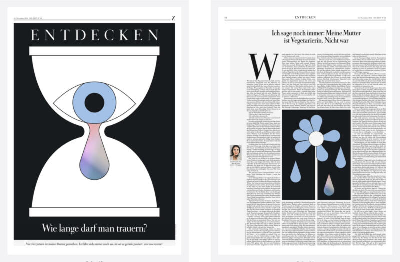 Den första illustrationen visar ett timglas med ett gråtande öga som symboliserar tiden som den efterlevande har sörjt. Den andra illustrationen visar en blomma vars kronblad är gjorda av tårar.