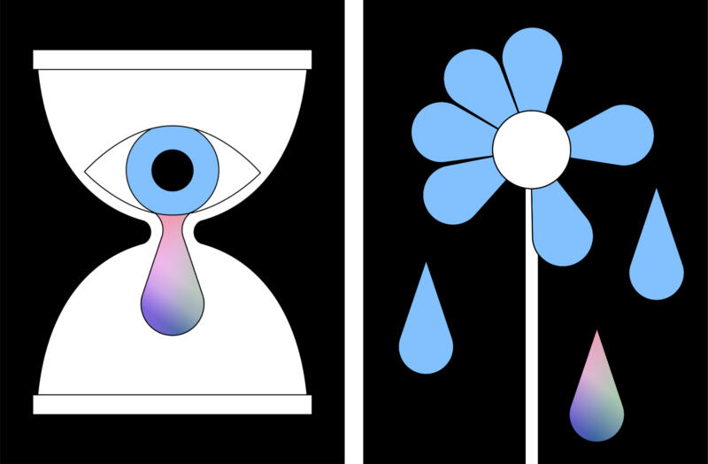 Den första illustrationen visar ett timglas med ett gråtande öga som symboliserar tiden som den efterlevande har sörjt. Den andra illustrationen visar en blomma vars kronblad är gjorda av tårar.
