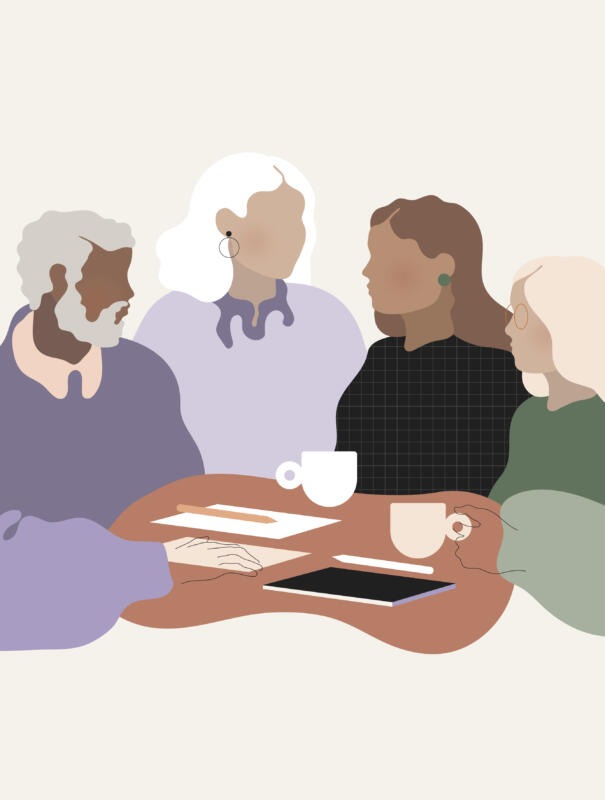 Vektor illustration av fyra människor runt ett mötesbord, på bordet ligger papper, pennor en Ipad samt två kaffe koppar
