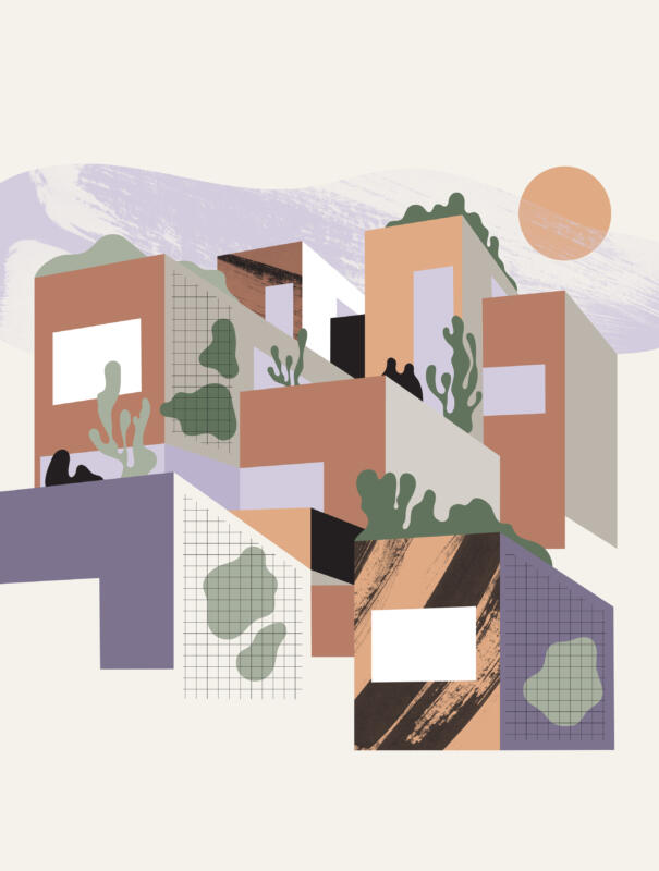 Vektor illustration av modernt bostadsområde med växtlighet och människor