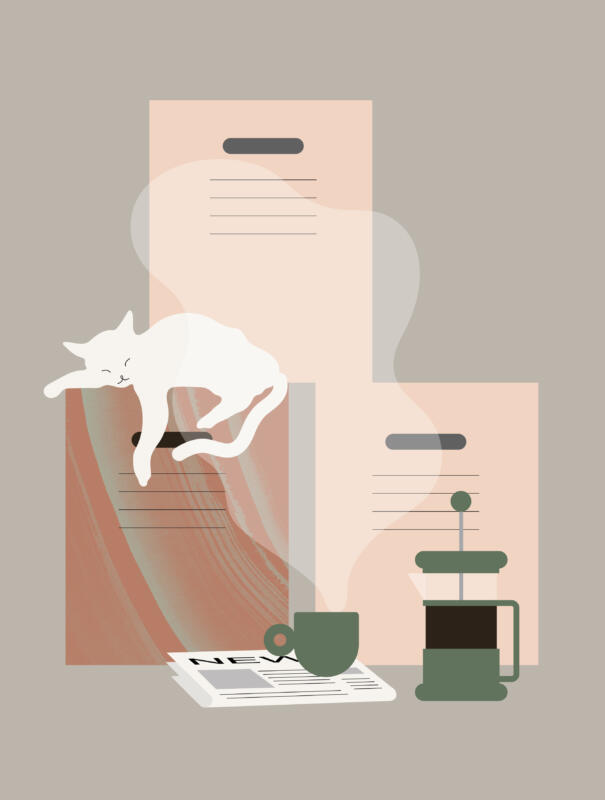 Vektor illustration av tre flyttkartonger med en sovande vit katt ovanpå, framför står varmt kaffe på en dagstidning