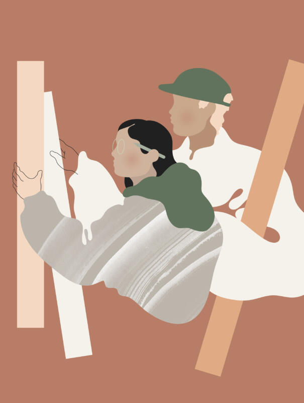 Vektor illustration av två människor som samarbetar, en man och en kvinna som håller i plankor, kvinnan har en penna bakom örat