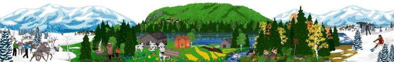 Färgglad illustration av livsstilen i Bergs kommun med skidåkning, renskötsel, jordbruk och fiske under olika årstider. 