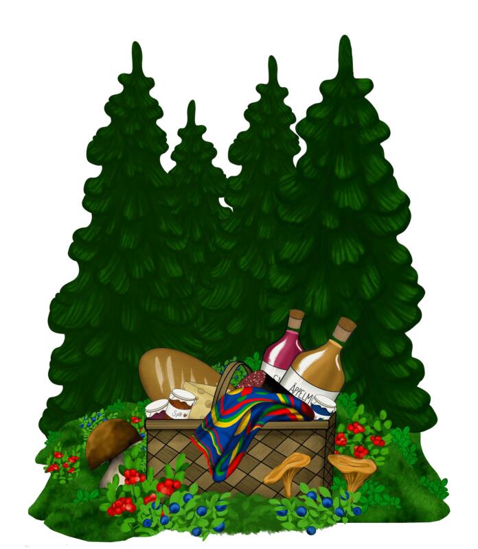 En korg i skogen bland svampar och bär med närproducerade livsmedel som bröd, korv, ost och saft. 