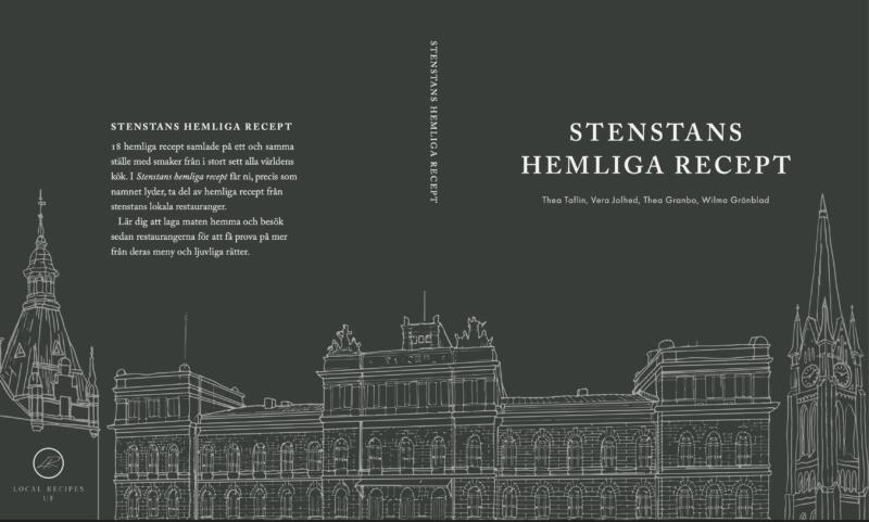 Bild på bokomslag formigvet av Fia-Maria Näslund. Föreställer sundsvalls stenstad. Grå bakgrund på boken med vita illustrationer. 