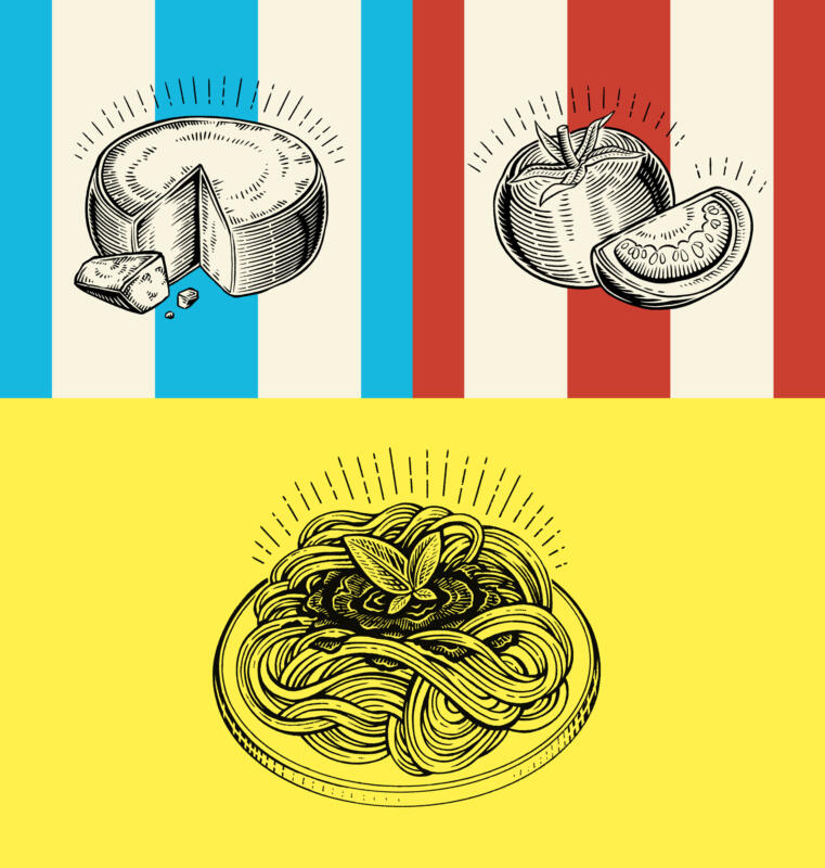 Kraftfulla matillustrationer med mycket personlighet. Pasta, Ost, Parmesan, Tomat.