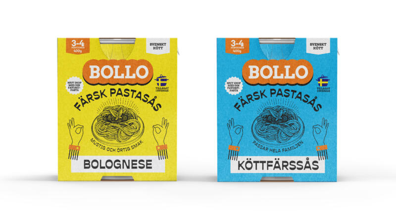 Bollo förpackning. Pastasåser. Köttfärssås. Bolognese.