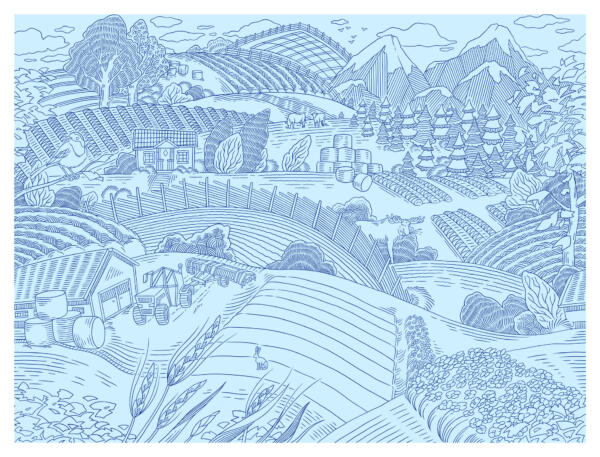 Linjeillustration av ett typsikt svenskt landskap. Med en unik touch som ger karaktär till varumärket.
