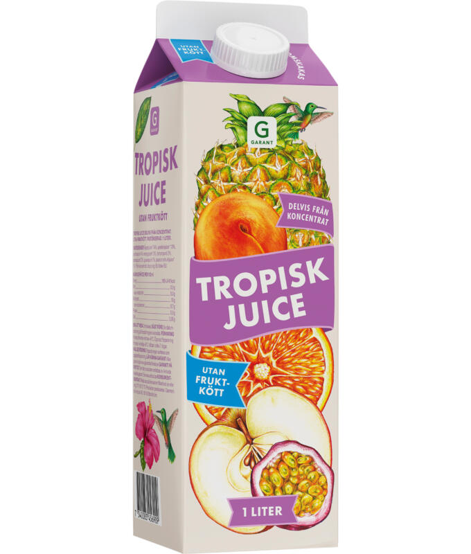 Förpackingen för Garant tropisk Juice med tropiska frukter, kolibris och bommor.