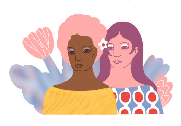 Digital färgglad illustration av två tjejer med 60-talsstil