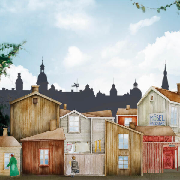 Ett stadsområde med illustrerade trähus. Tvätt på tvättlina mellan husfasader, två barn tittar genom ett staket och en kvinna promenerar. 