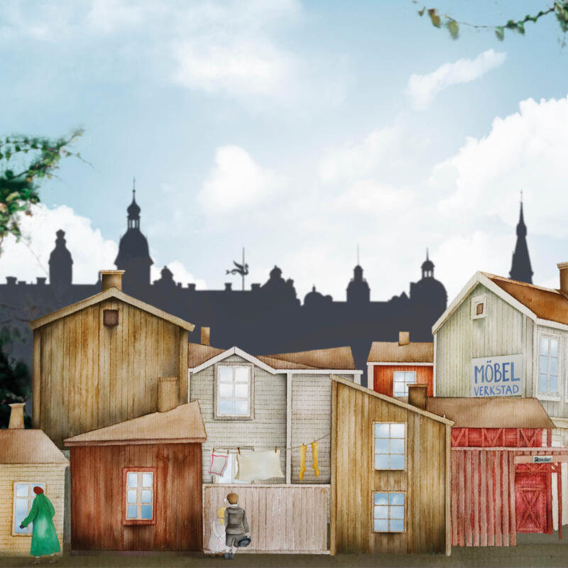 Ett stadsområde med illustrerade trähus. Tvätt på tvättlina mellan husfasader, två barn tittar genom ett staket och en kvinna promenerar. 
