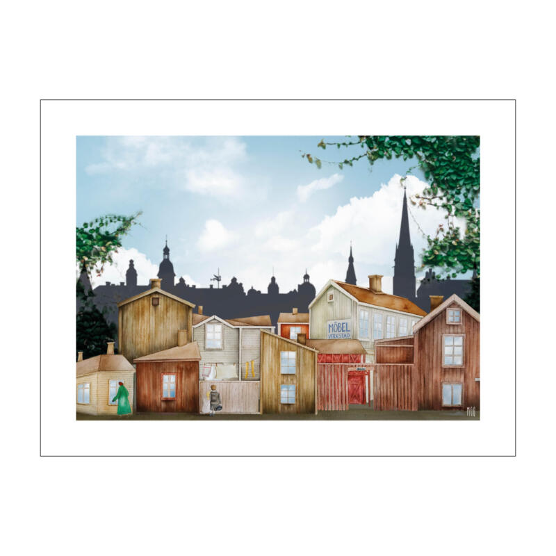 Ett stadsområde med illustrerade trähus. Tvätt på tvättlina mellan husfasader, två barn tittar genom ett staket och en kvinna promenerar. 