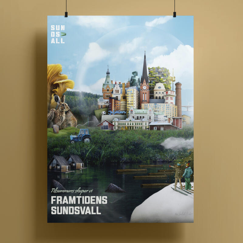 Ett kollage av illustrationer och foto där byggnader från förr och nu möts för att skapa en representation för staden Sundsvall. 