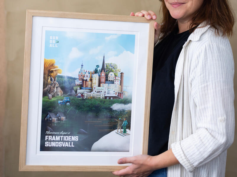 En inramad version av motivet Framtidens Sundsvall.