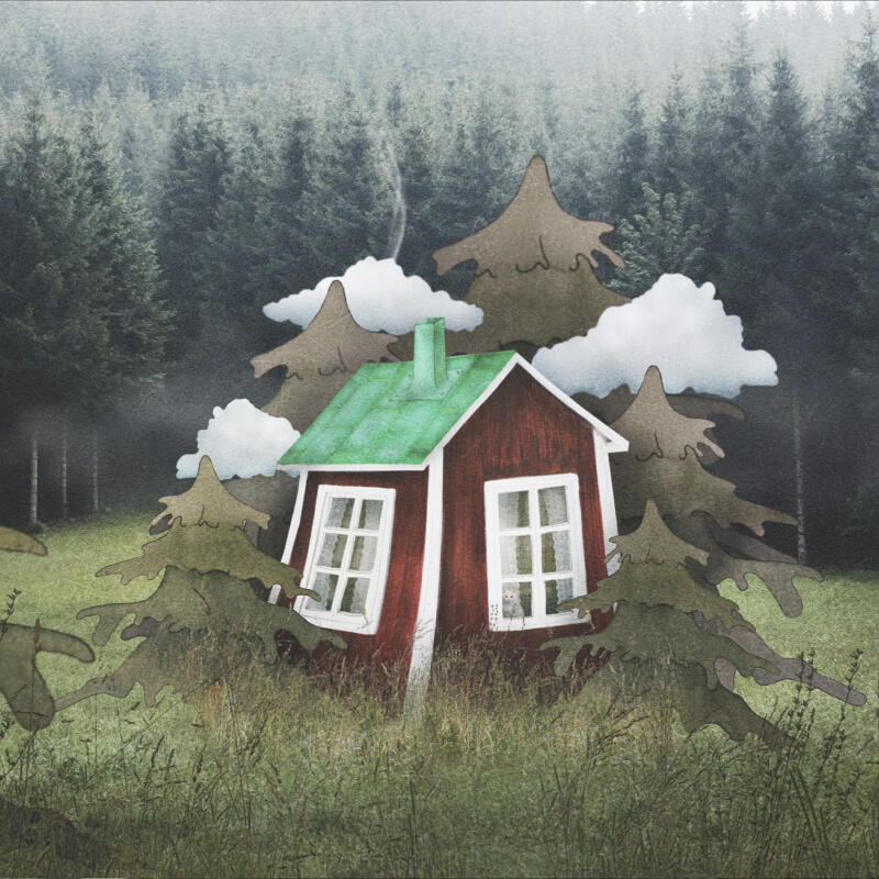 En illustration av en röd stuga med grönt plåttak omgiven av illustrerade granar och moln, omgiven av fotograferad mörk skog. I fönstret sitter en vit katt.