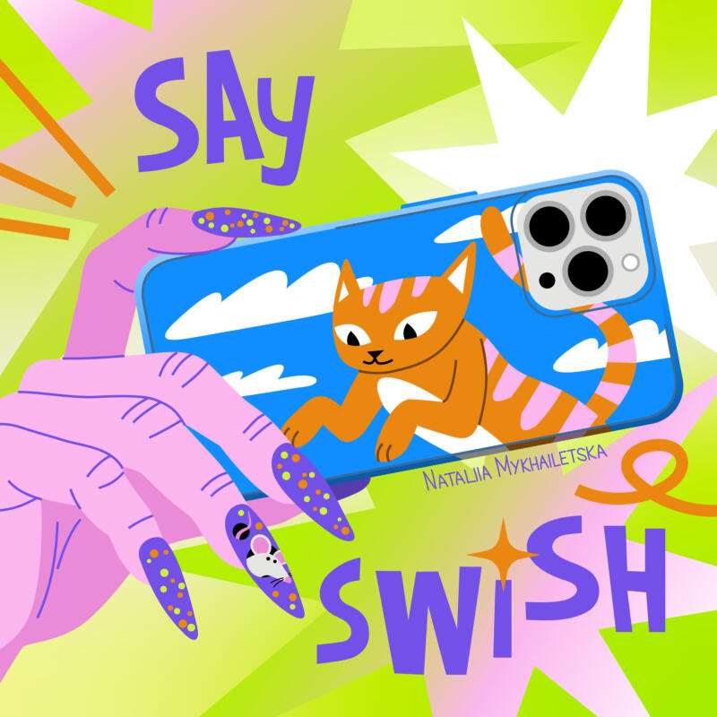 A colorful digital illustration of a pink hand holding a phone with an orange cat on the case. "SAY SWISH" is written in bold letters, playing on "say cheese." The background features dynamic shapes in green and yellow.  En färgstark digital illustration av en rosa hand som håller en telefon med en orange katt på fodralet. "SÄG SWISH" är skrivet med fetstilta bokstäver och spelar på "säg ost." Bakgrunden har dynamiska former i grönt och gult.