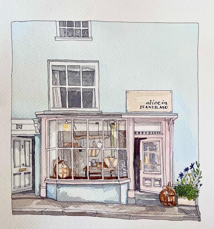 Shopfront illustration, whimsical of ”Alice in Scandiland”