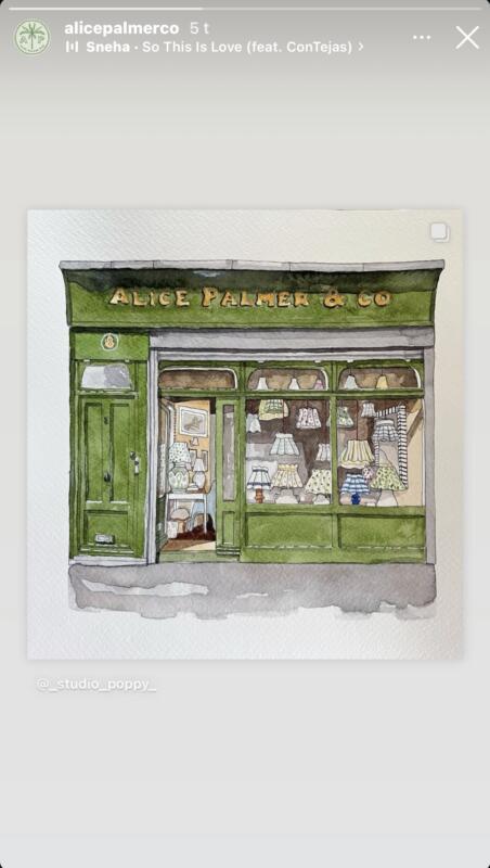 Shopfront illustration, whimsical of ”Alice Palmer & Co”