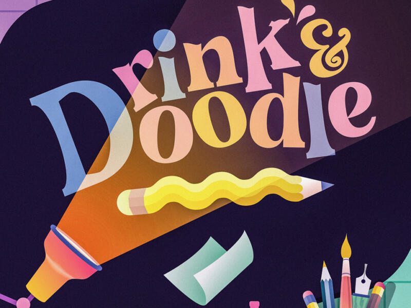 Festlig illustration med pennor och drinkar och texten Drink and Doodle