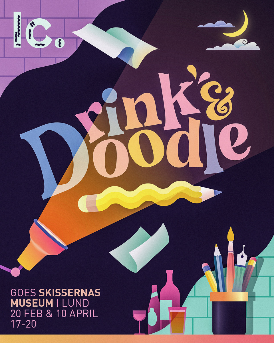 Festlig illustration med pennor och drinkar och texten Drink and Doodle
