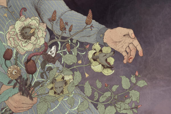 Illustration av händer som håller i en bukett med blommor som ser ut som djur, ögon och tentakler.