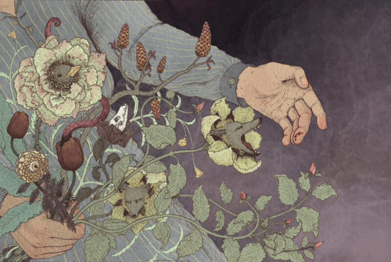 Illustration av händer som håller i en bukett med blommor som ser ut som djur, ögon och tentakler. 