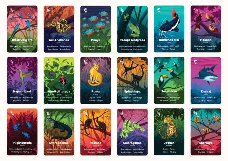 Flera djurkort från spelet Finns i Amazonas