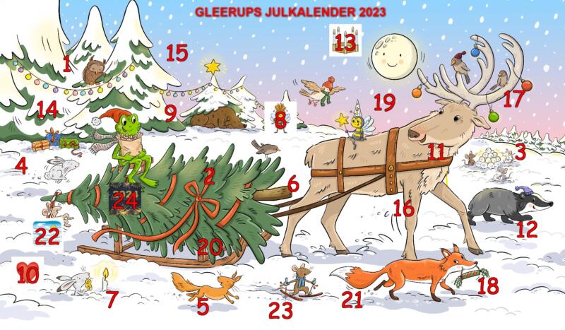 Adventskalender med luckor, djur och figurer. Kalendern publicerad digitalt på läromedelsförlagets hemsida.