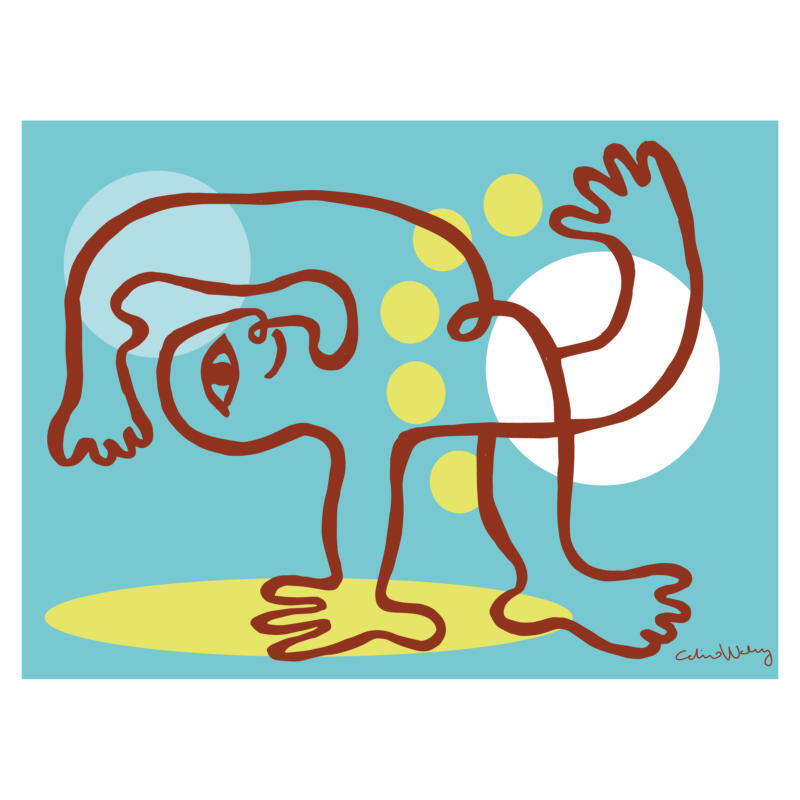 Illustration av en glad gymnast som står i brygga med foten över huvudet.
