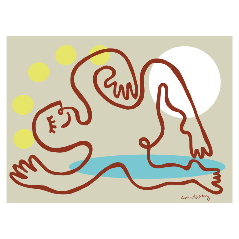 Illustration av en person som stretchar, tränar och njuter på stranden.