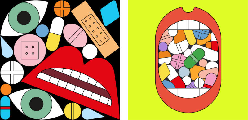 Illustrationerna visar en mun full av piller och medicin och tårar och plåster som symboliserar hur det är att leva med kronisk smärta
