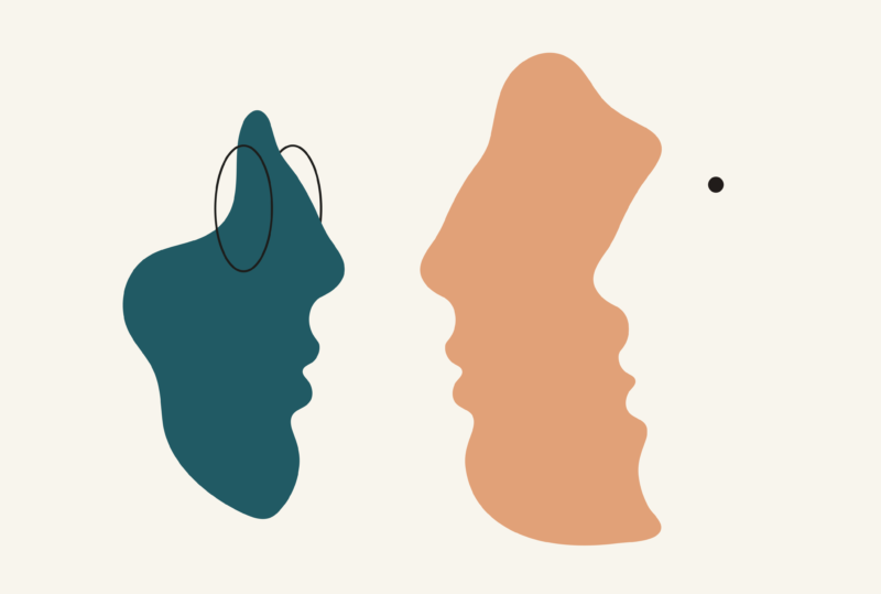 Abstrakt illustration av ansikten i profil som ser på varandra, symboliserar integritet.