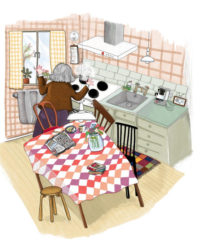 illustration ur boken när jag glömde min födelsedag. Farmor i sitt kök, som glömmer kastrullen på spisen. På bordet står frukosten. 