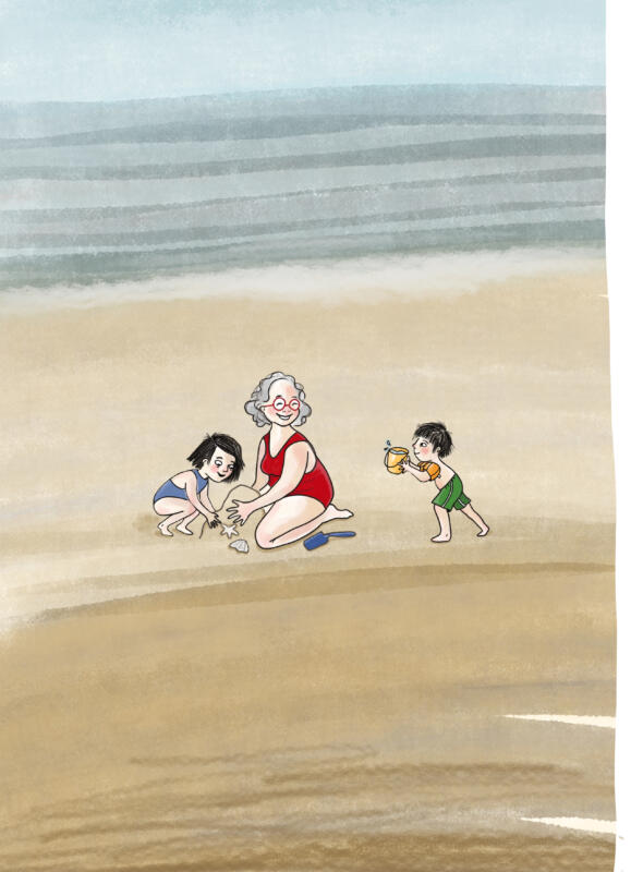 Illustration ur boken När jag glömde min födelsedag. Farmor och barnbarnen leker på stranden, vid havet. 