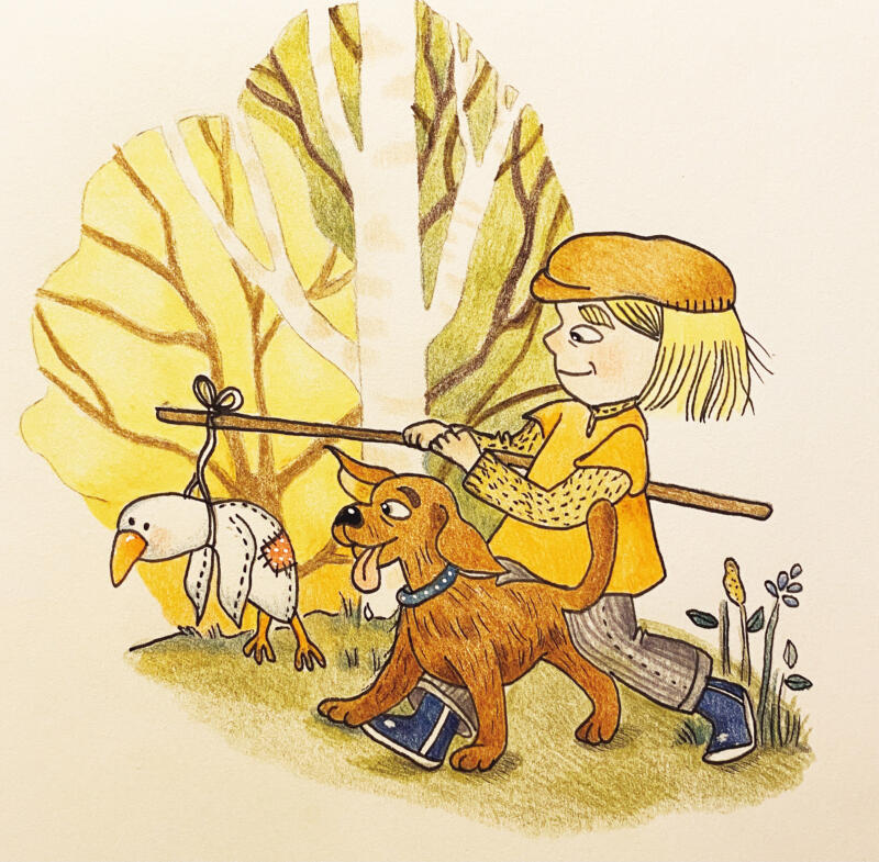 Pennteckning ur boken Jag vill ha en hund, en flicka ute med sin hund