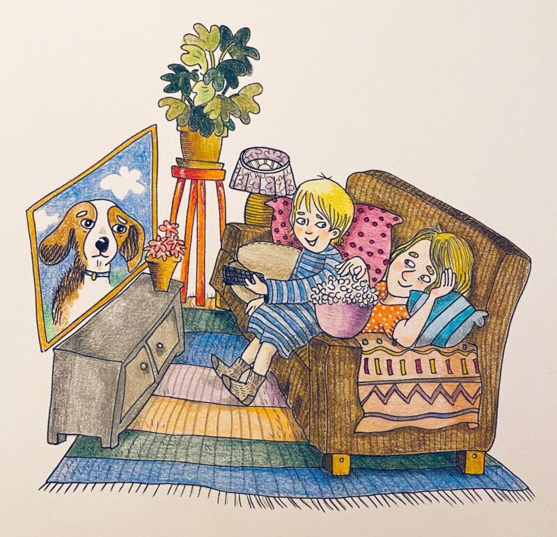 Pennteckning på pojke och mamma som ser på tv i soffan, ur boken Jag vill ha en hund. 