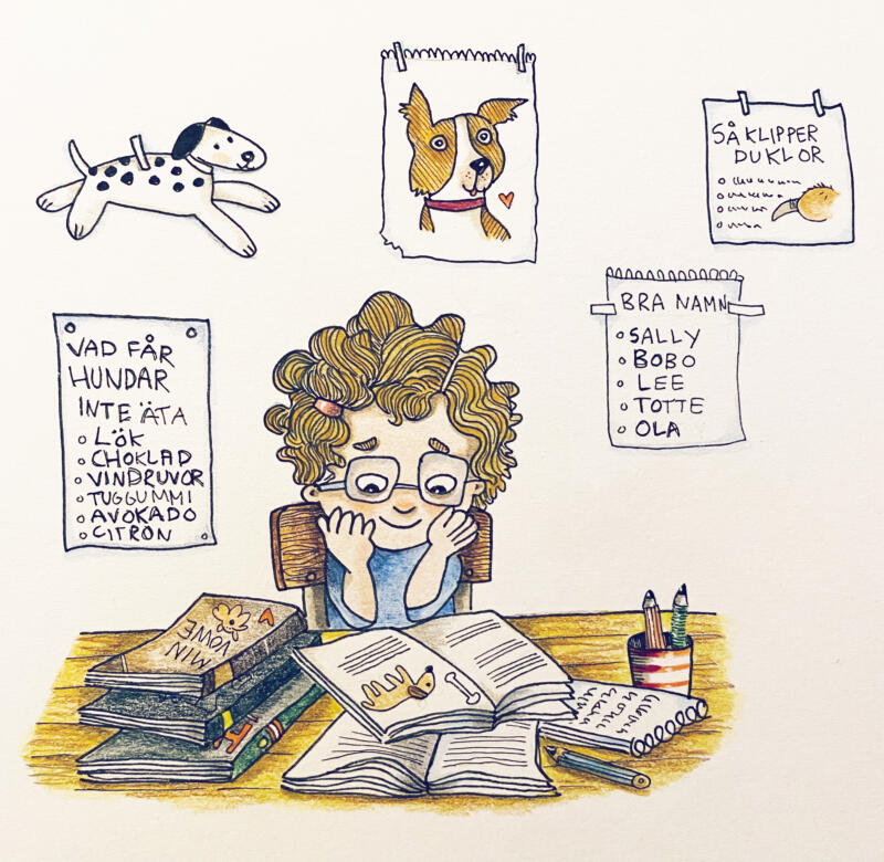illustration ur boken Jag vill ha en hund. En flicka som sitter och lär sig allt om hundar. 