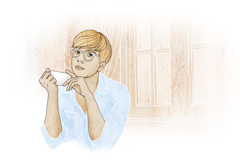 Illustration av kvinna med kort hår och kaffekopp i händerna