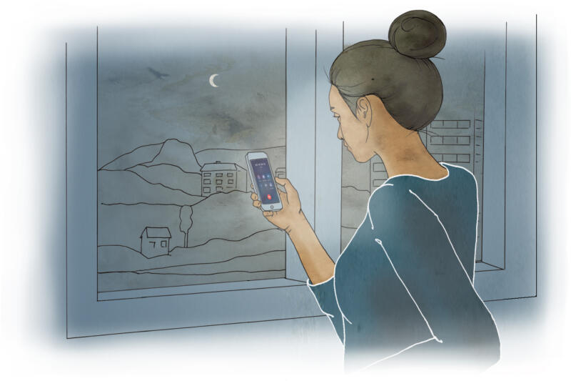 Illustration av en kvinna ståendes vid fönster i natten med mobil