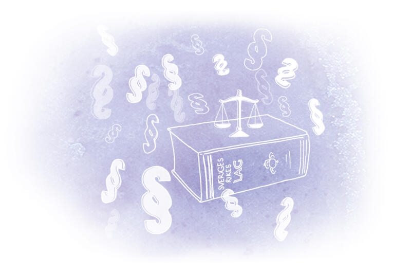 Illustration av lagbok och paragrafer vita linjeteckningar på lila bakgrund