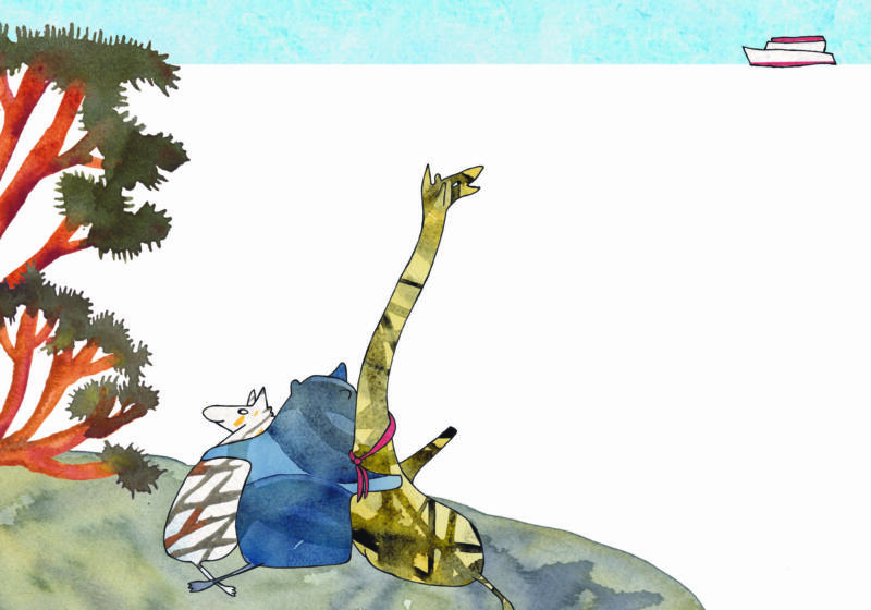 En zebra, en noshörning och en giraff sitter på klippan och spanar över havet. de har det mysigt, noshörningen håller frambenen om de andra två. Vid horisonten ser man en stor båt på ingång, det är gotlandsfärjan som snart ska ta dem på hemväg. Akvarell och montage.