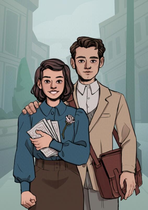 Illustration of the siblings Hans Scholl and Sophie Scholl founders and members of the resistance movement the White Rose against Nazi Germany. They are standing facing the viwer, Hans stands slightly behind Sophie on her left side, he has a hand on her right shoulder. Sophie is smiling big towards the camera, she has a white rose pinned to her blouse and is holding a stack of leaflets. Hans is smiling slightly, he wears a beige suit and has a brown leather cross-body bag.