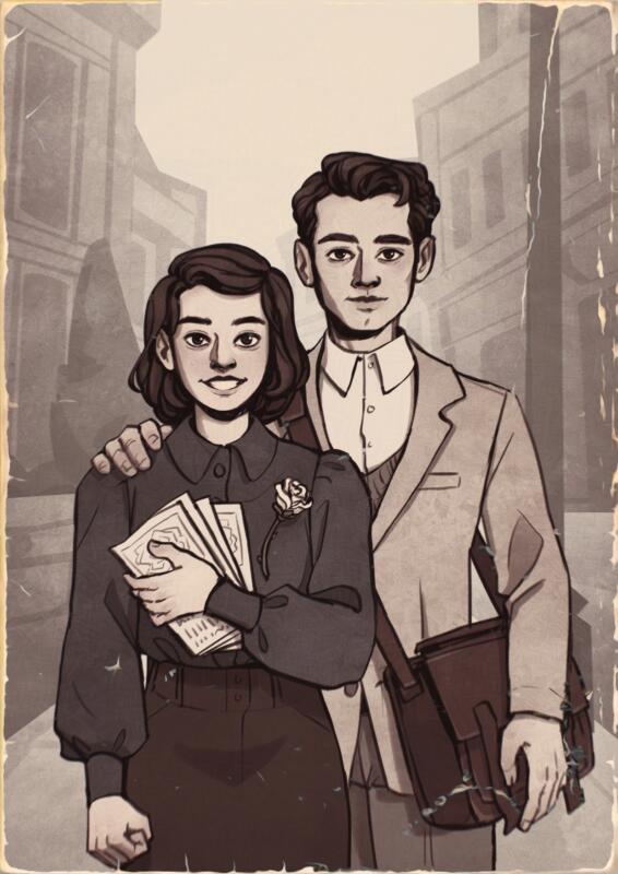 Illustration av syskonen Hans Scholl och Sophie Scholl grundare och medlemmar av motståndsrörelsen Vita rosen mot Nazityskland. De står vända mot åskådaren, Hans står lite bakom Sophie på hennes vänstra sida, han har en hand på hennes högra axel. Sophie ler stort mot kameran, hon har en vit ros fäst på blusen och håller i en bunt flygblad. Hans ler lätt, han bär en beige kostym och har en axelremsväska i brun läder.