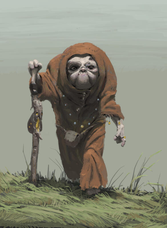 Fantasyillustration av människoliknande bulldog iklädd dräkt med huva, håller i en stav. Går på gräsklädd kulle under molnig himmel.