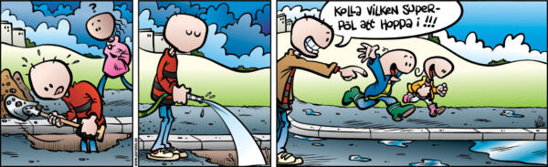 Seriestrip av person som gräver grop för att fylla med vatten och ha stor pöl att hoppa i.