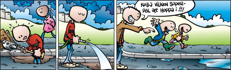 Seriestrip av person som gräver grop för att fylla med vatten och ha stor pöl att hoppa i.