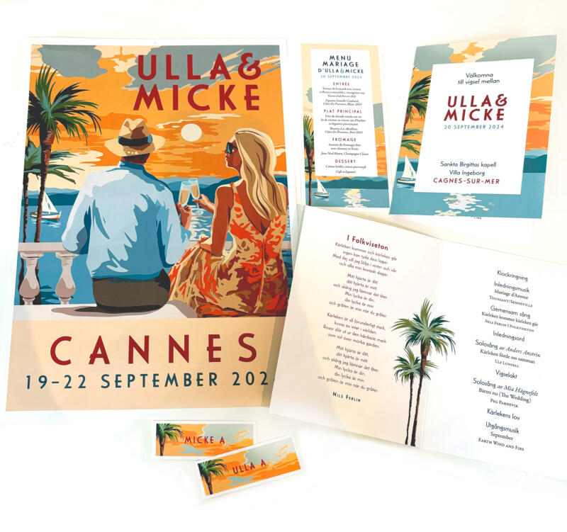 Inbjudan till bröllop i Cannes, ett program och en meny.