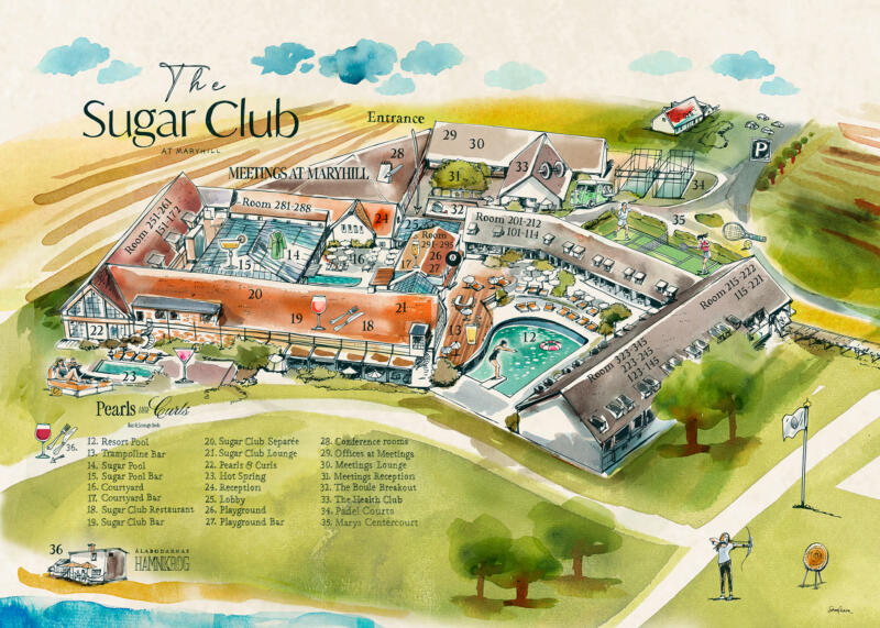 Områdeskarta över Sugar Club i akvarell, vintage-stil.