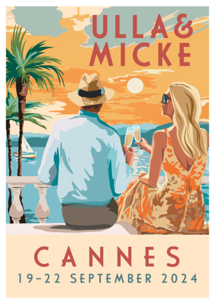 Poster inbjudan till bröllop i Cannes, en man och en kvinna sitter och ser ut över vattnet på Rivieran.